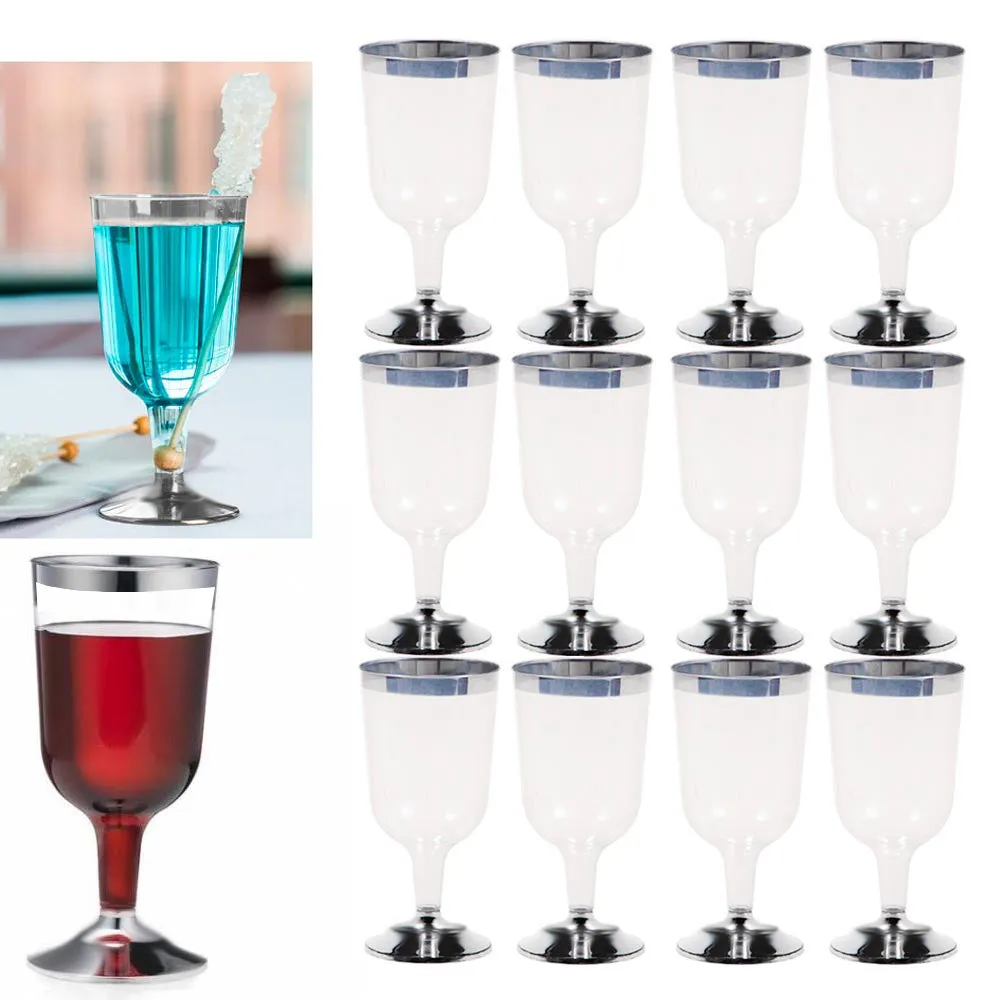 12 Plastic Champagne Wine Flute Disposable Glasses 6oz Wedding Party Silver New