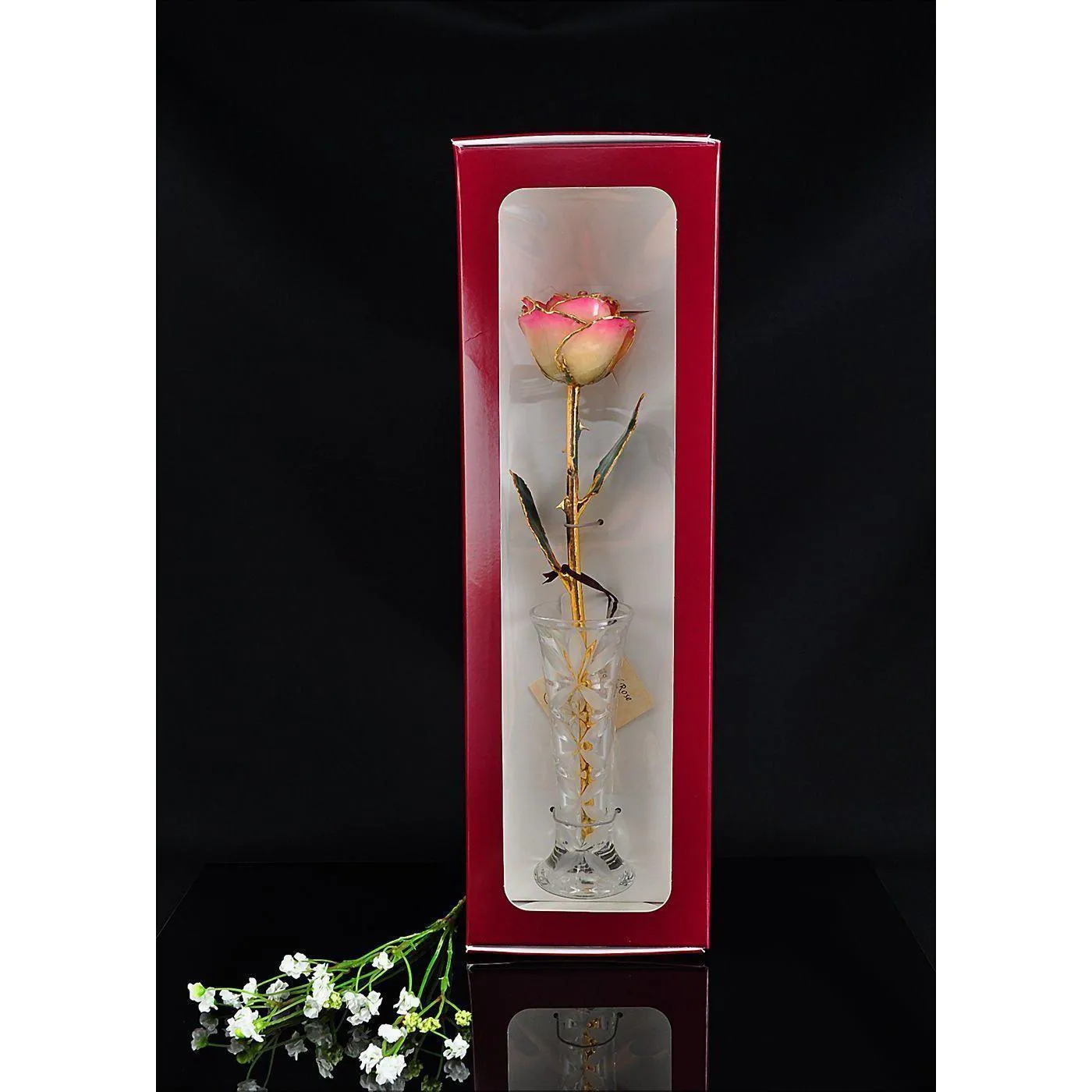 24K Gold Tipped White and Pink Rose with Crystal Vase