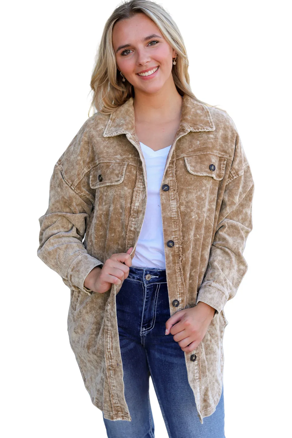 Beige Corduroy Jacket with Fringe Trim