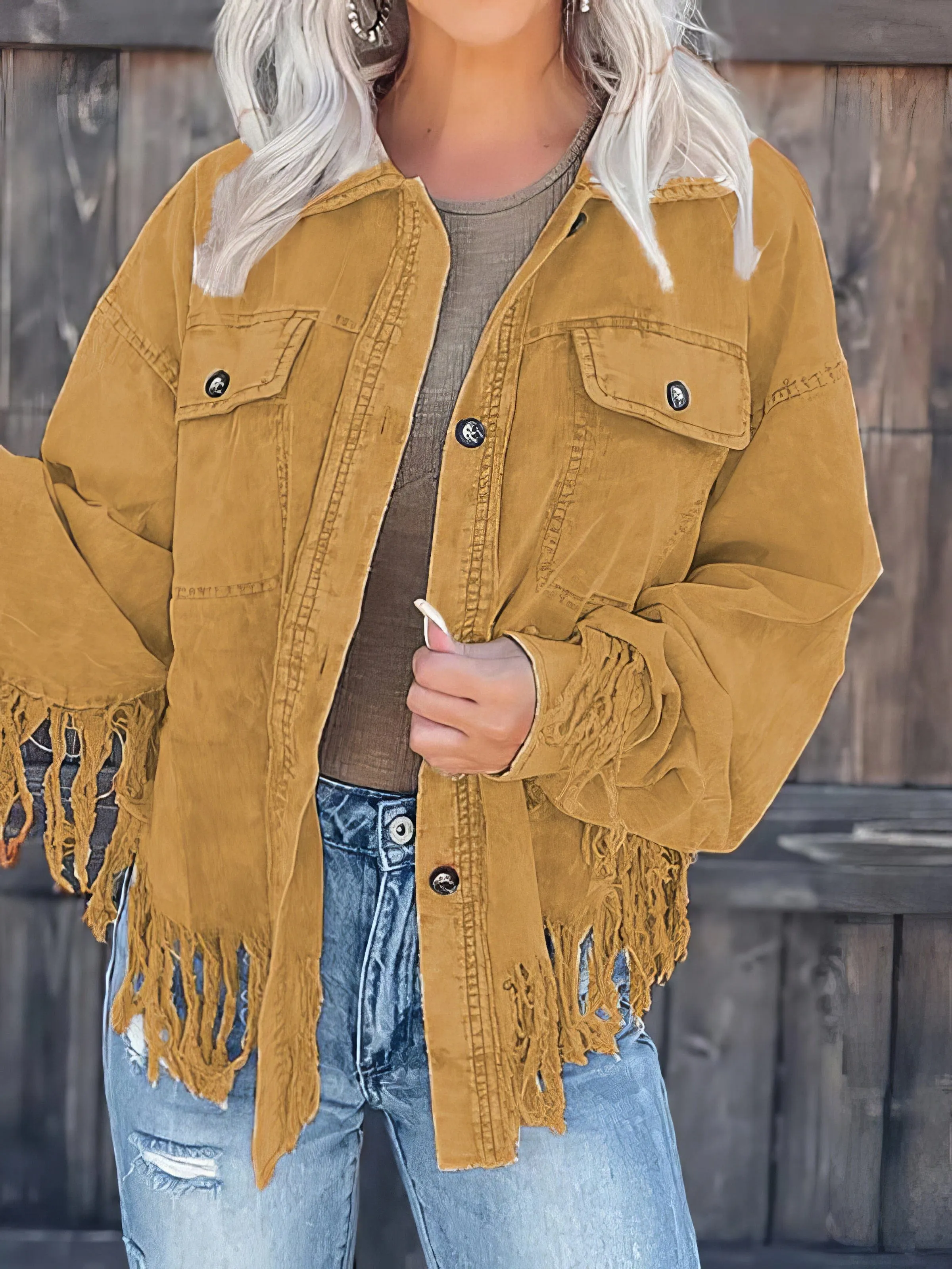 Beige Corduroy Jacket with Fringe Trim