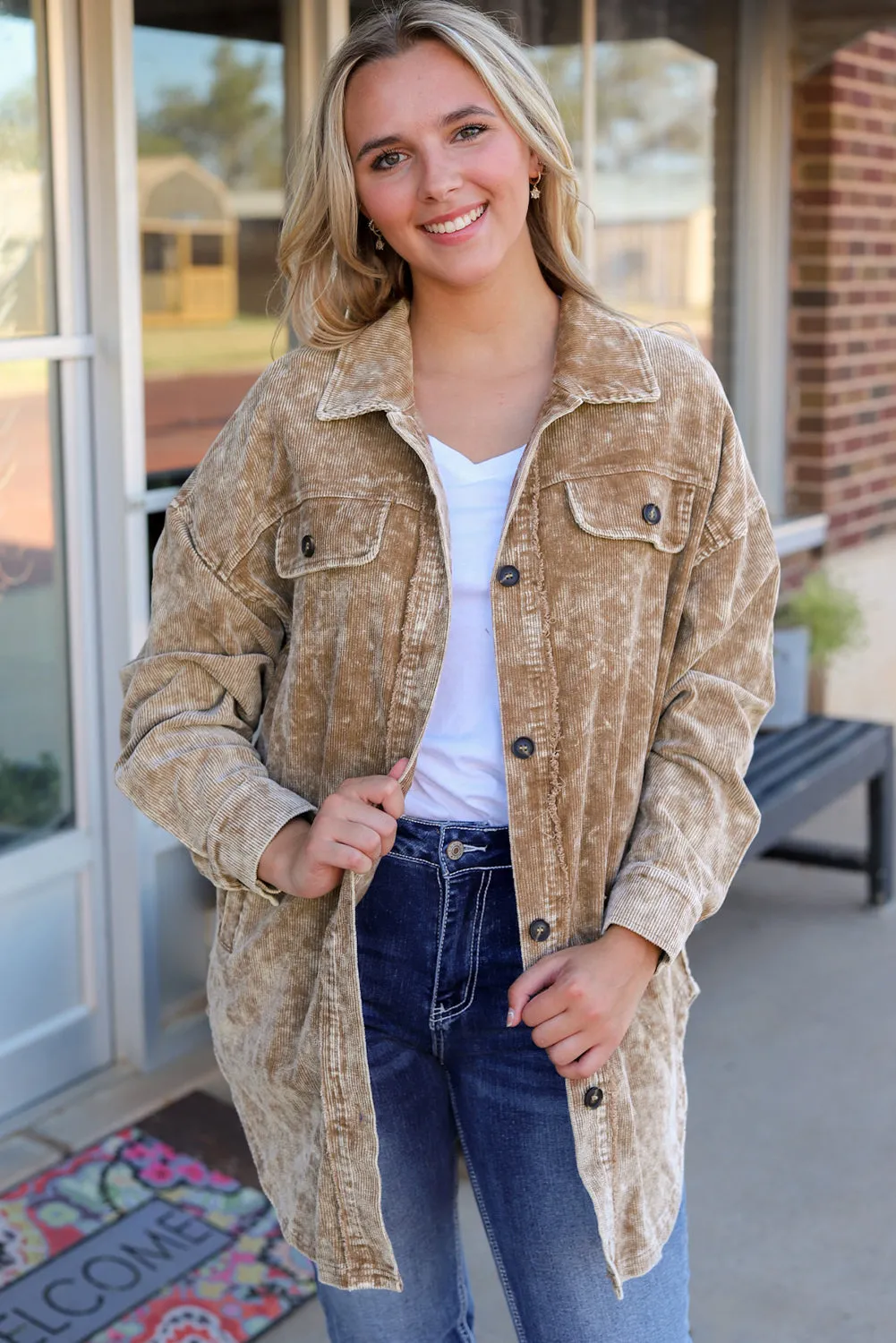 Beige Corduroy Jacket with Fringe Trim