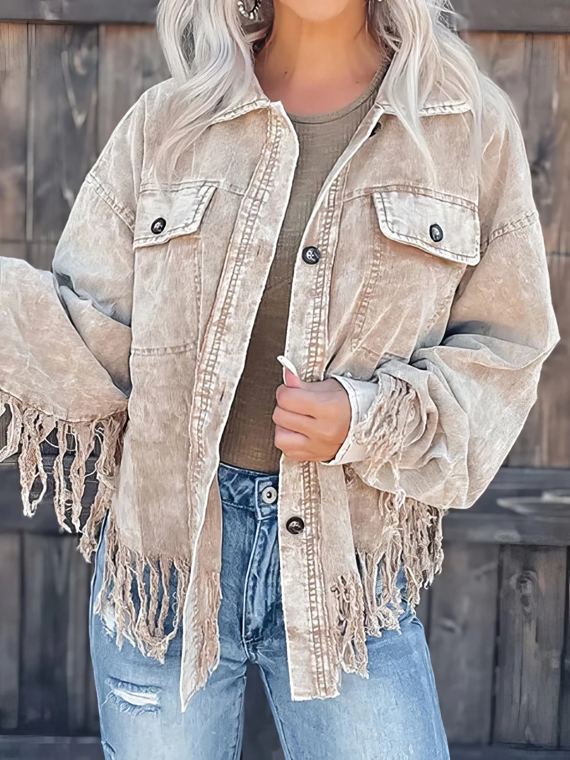 Beige Corduroy Jacket with Fringe Trim