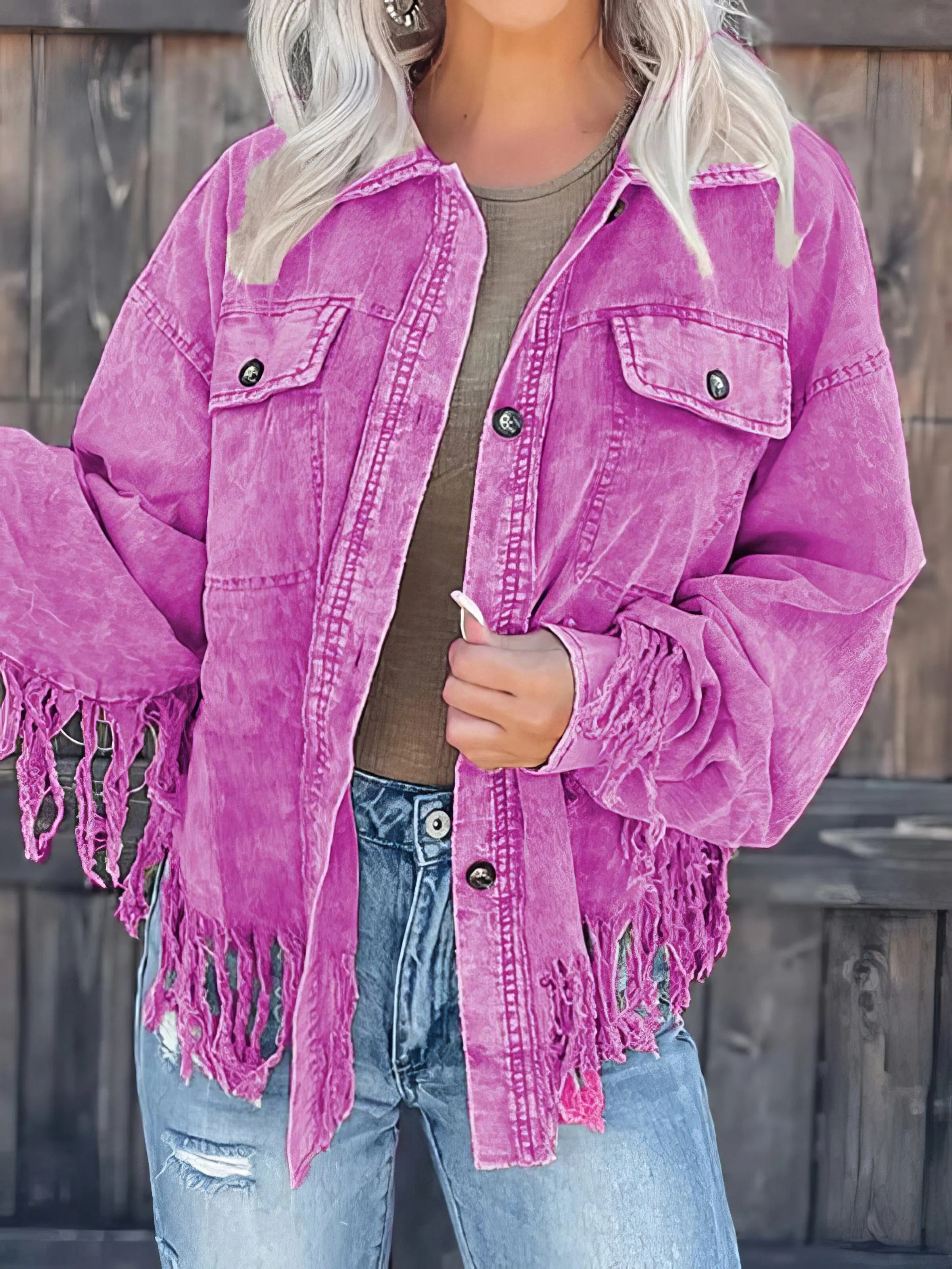 Beige Corduroy Jacket with Fringe Trim