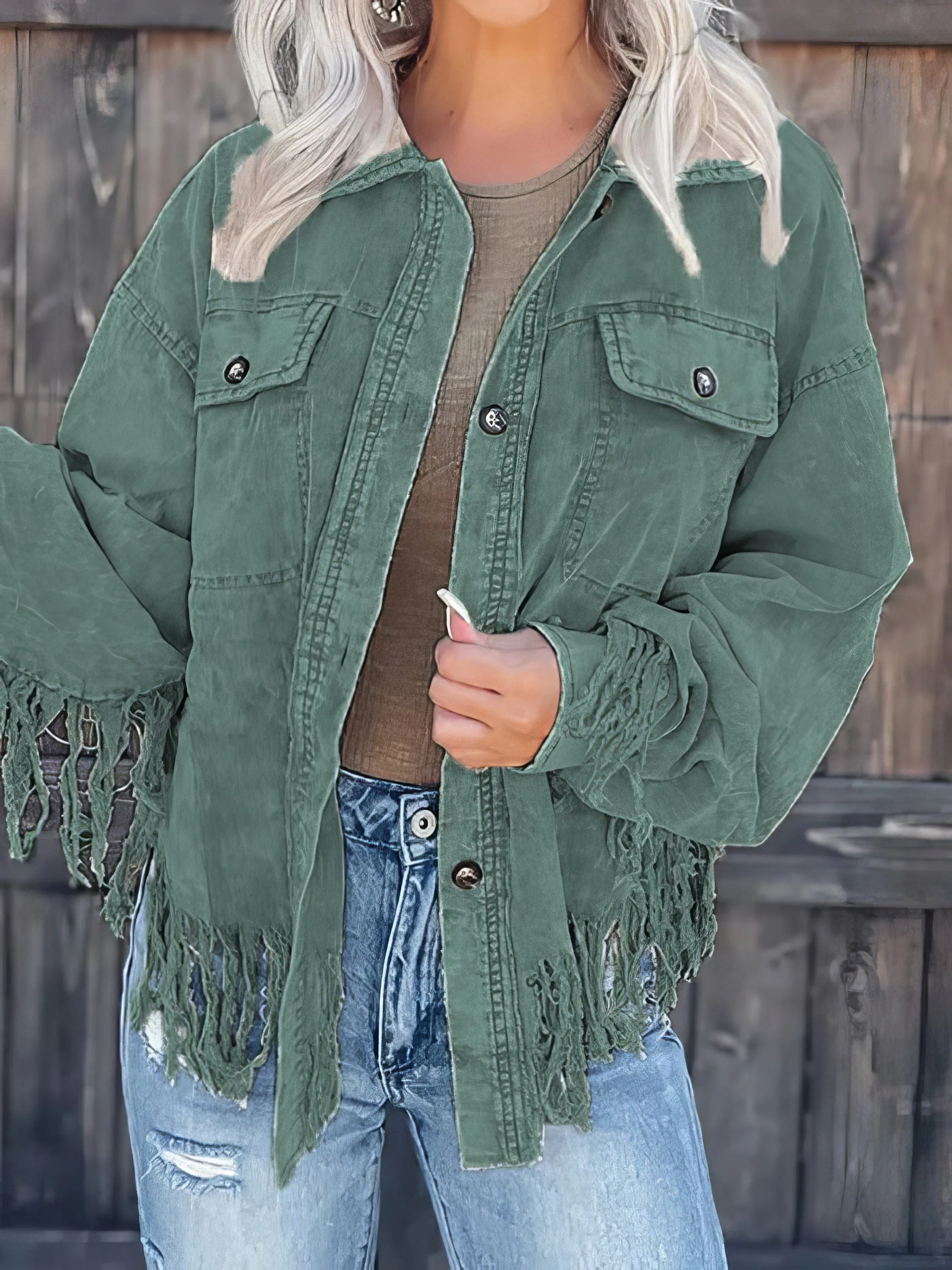 Beige Corduroy Jacket with Fringe Trim