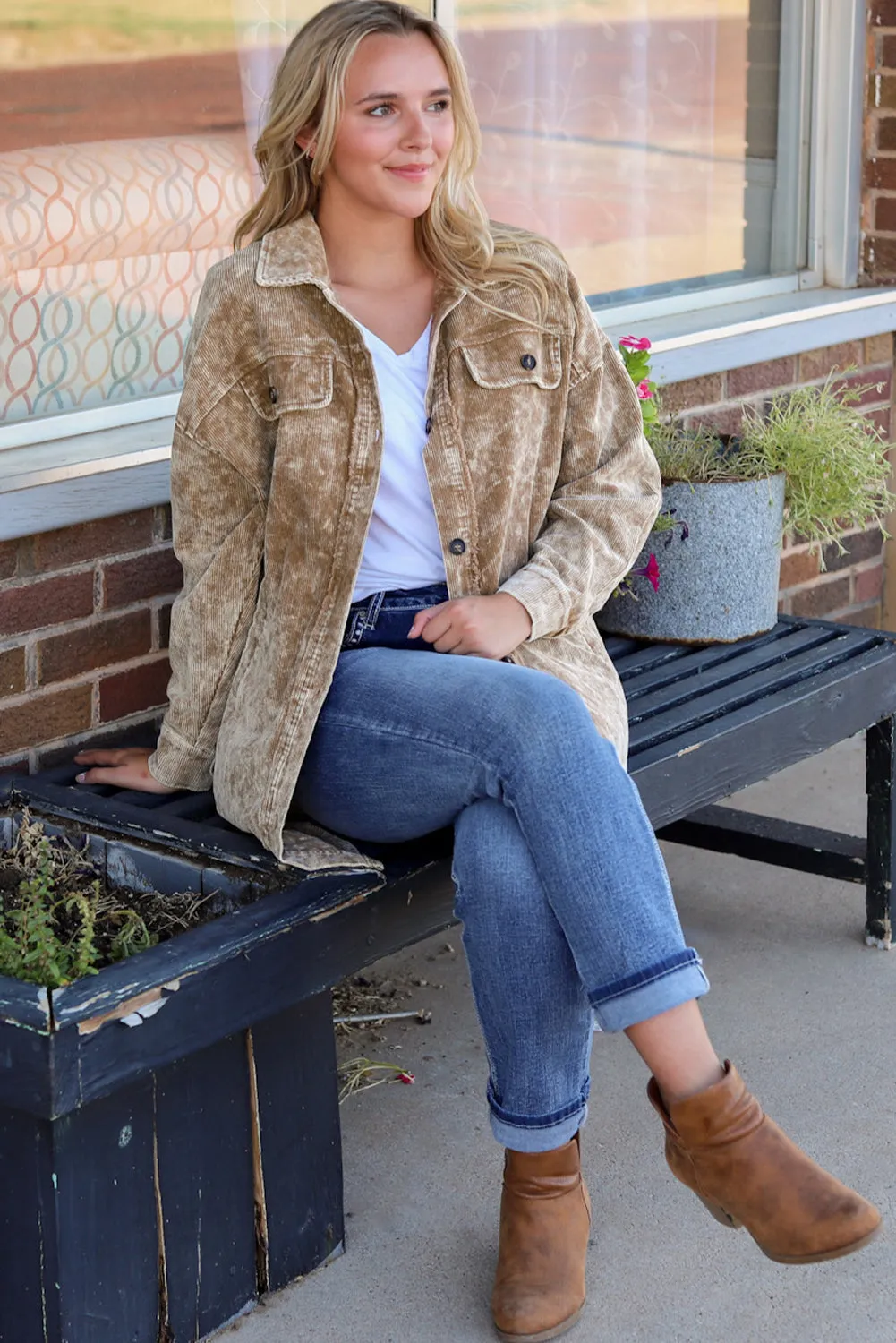Beige Corduroy Jacket with Fringe Trim