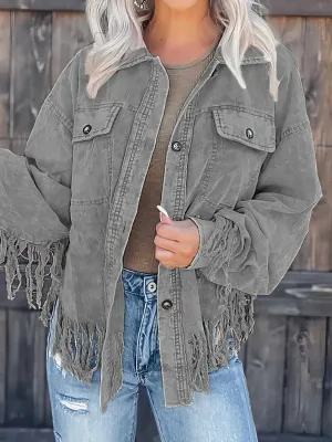 Beige Corduroy Jacket with Fringe Trim