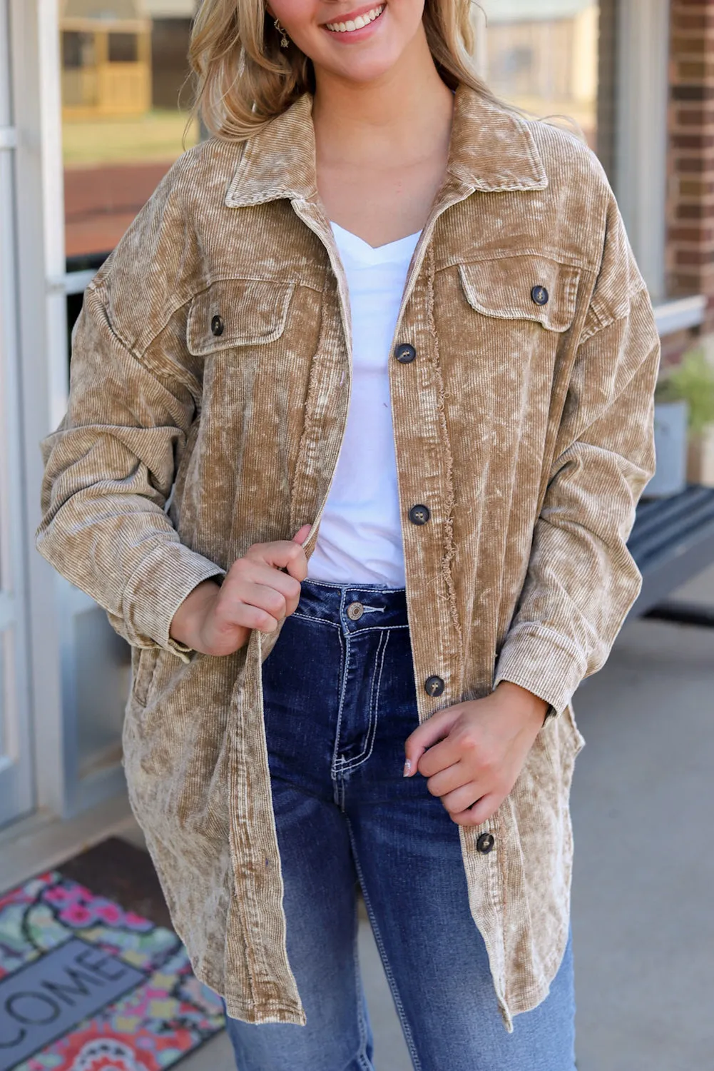 Beige Corduroy Jacket with Fringe Trim