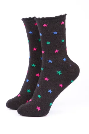 Black Multi Star Print Glitter Socks with Scalloped Cuffs: UK 3-7 | EU 36-40 | US 5-9