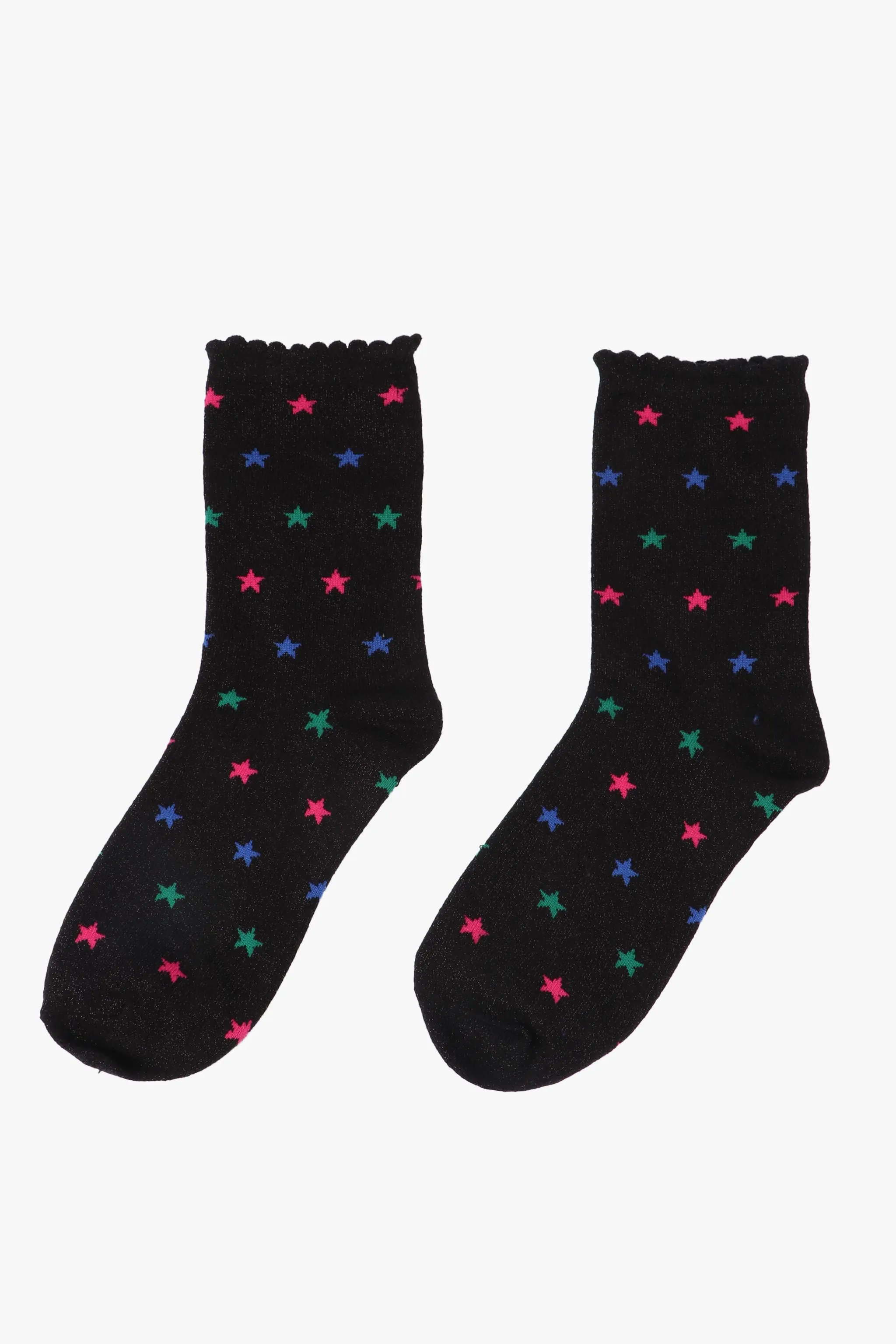 Black Multi Star Print Glitter Socks with Scalloped Cuffs: UK 3-7 | EU 36-40 | US 5-9