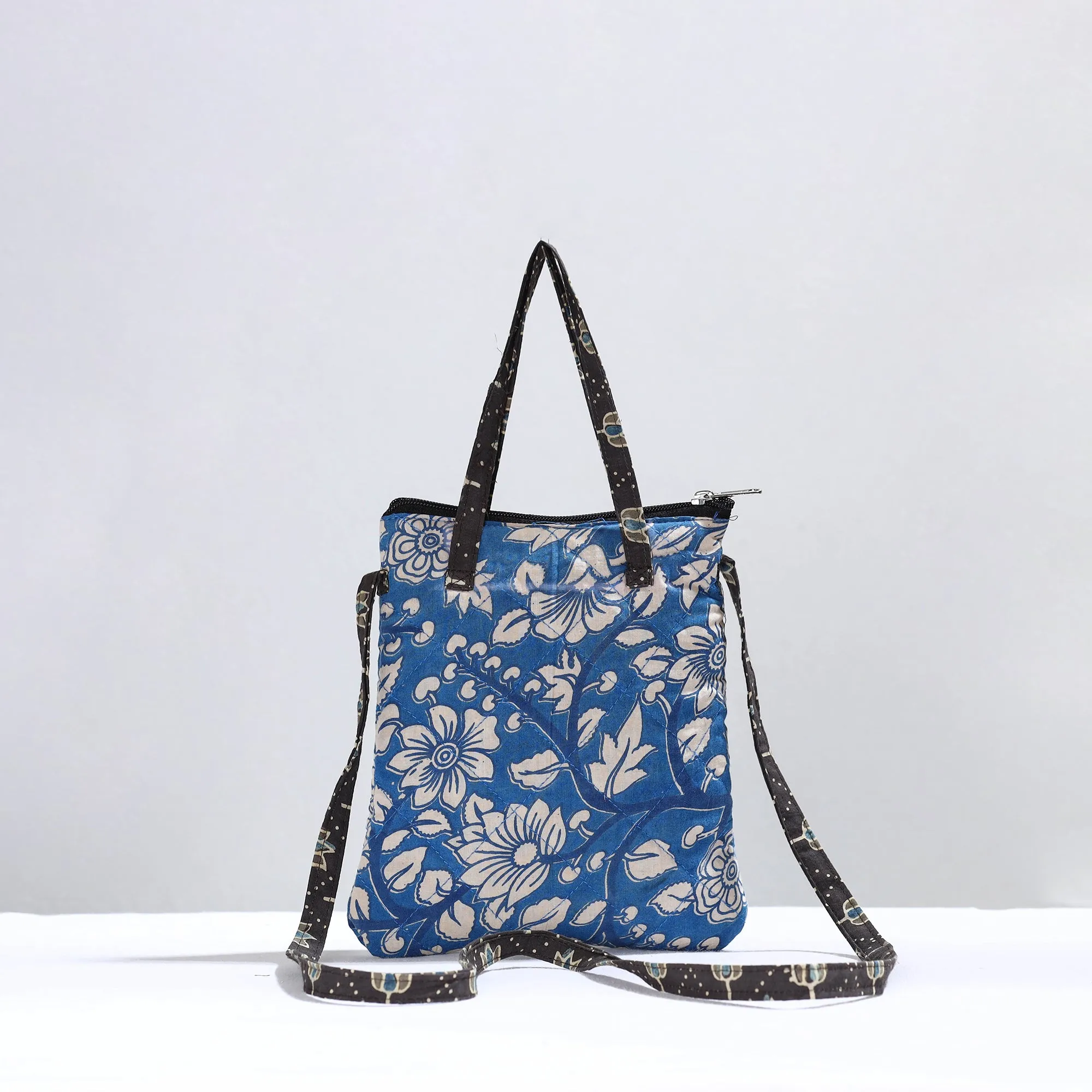 Blue - Handmade Quilted Cotton Kalamkari Printed Sling Bag 08