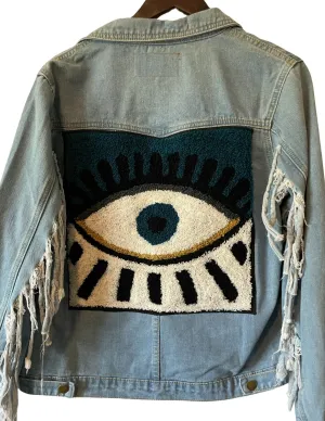 Embellished fringe denim evil eye n snake jacket (blue)