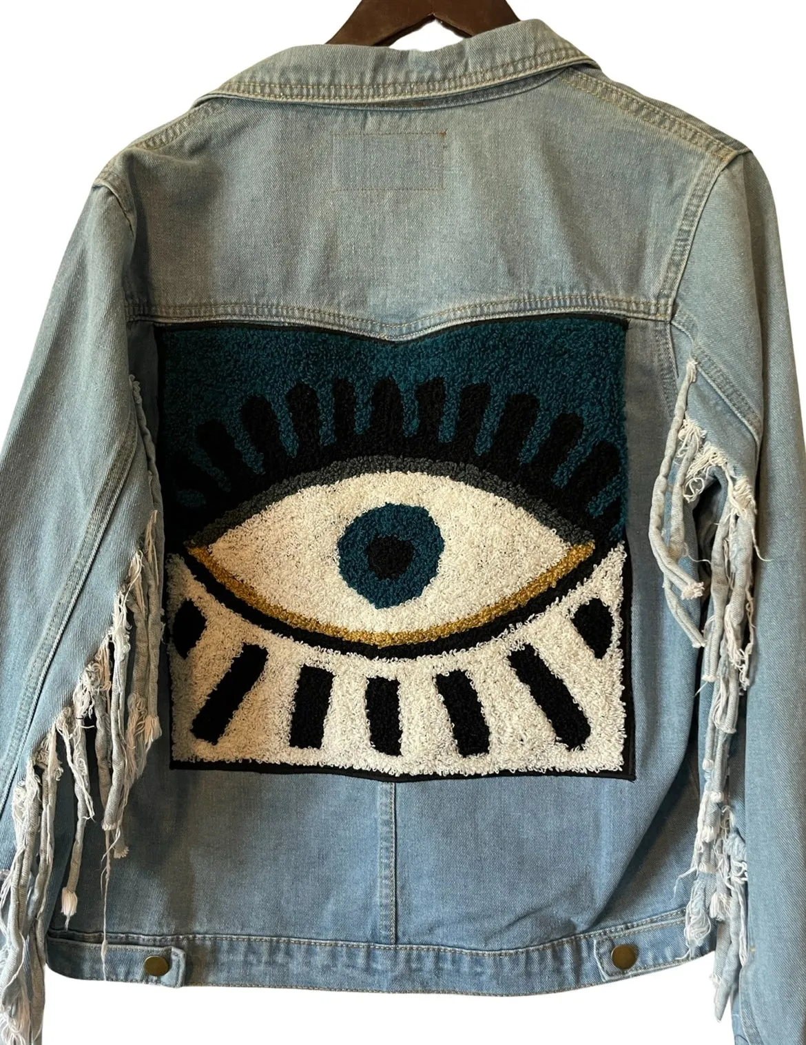 Embellished fringe denim evil eye n snake jacket (blue)