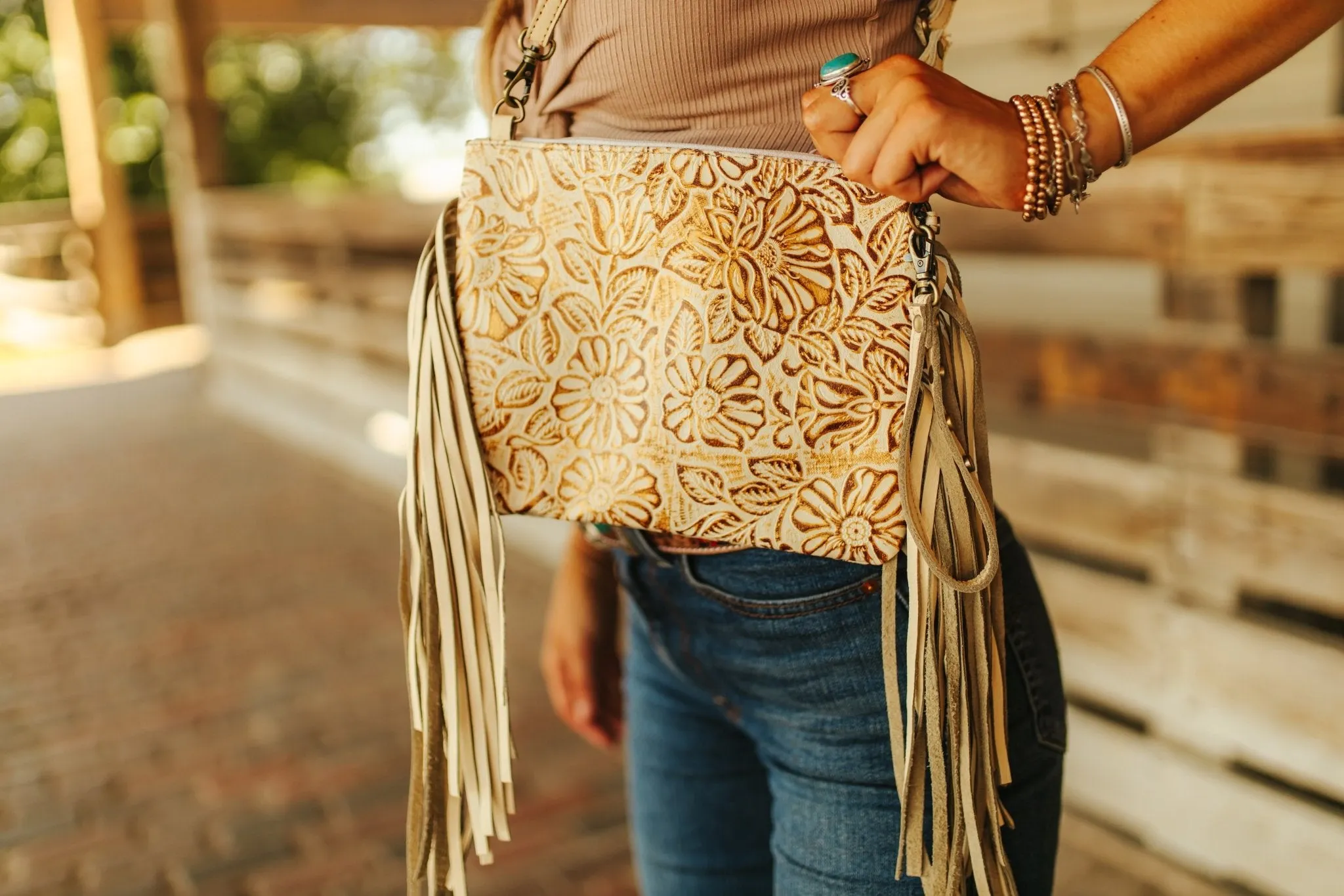 Floral Fringed Leather Crossbody Bag