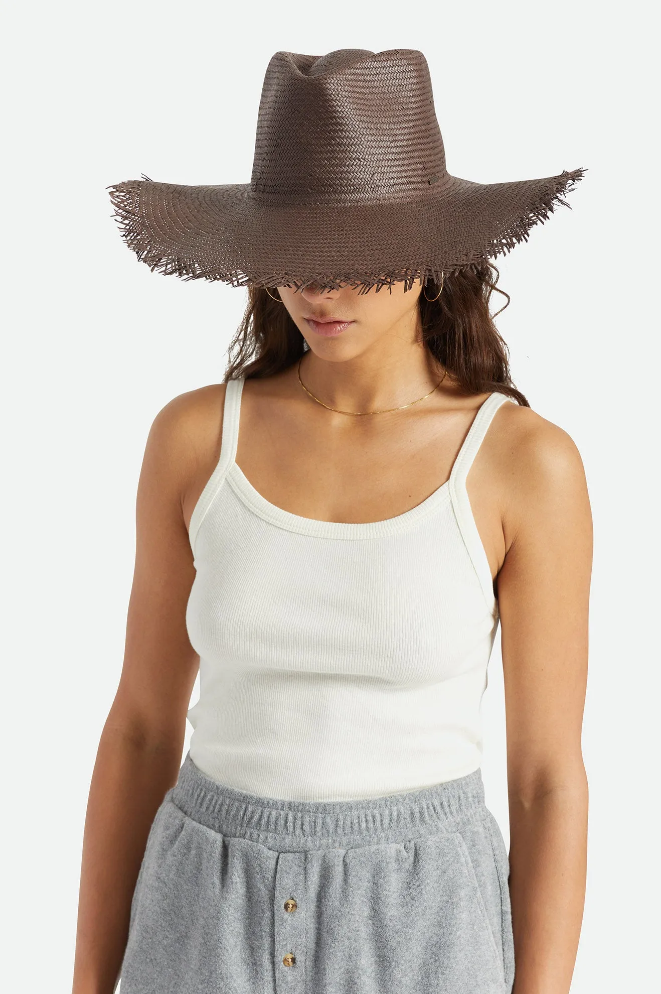 Jo Straw Frayed Fedora - Deep Brown