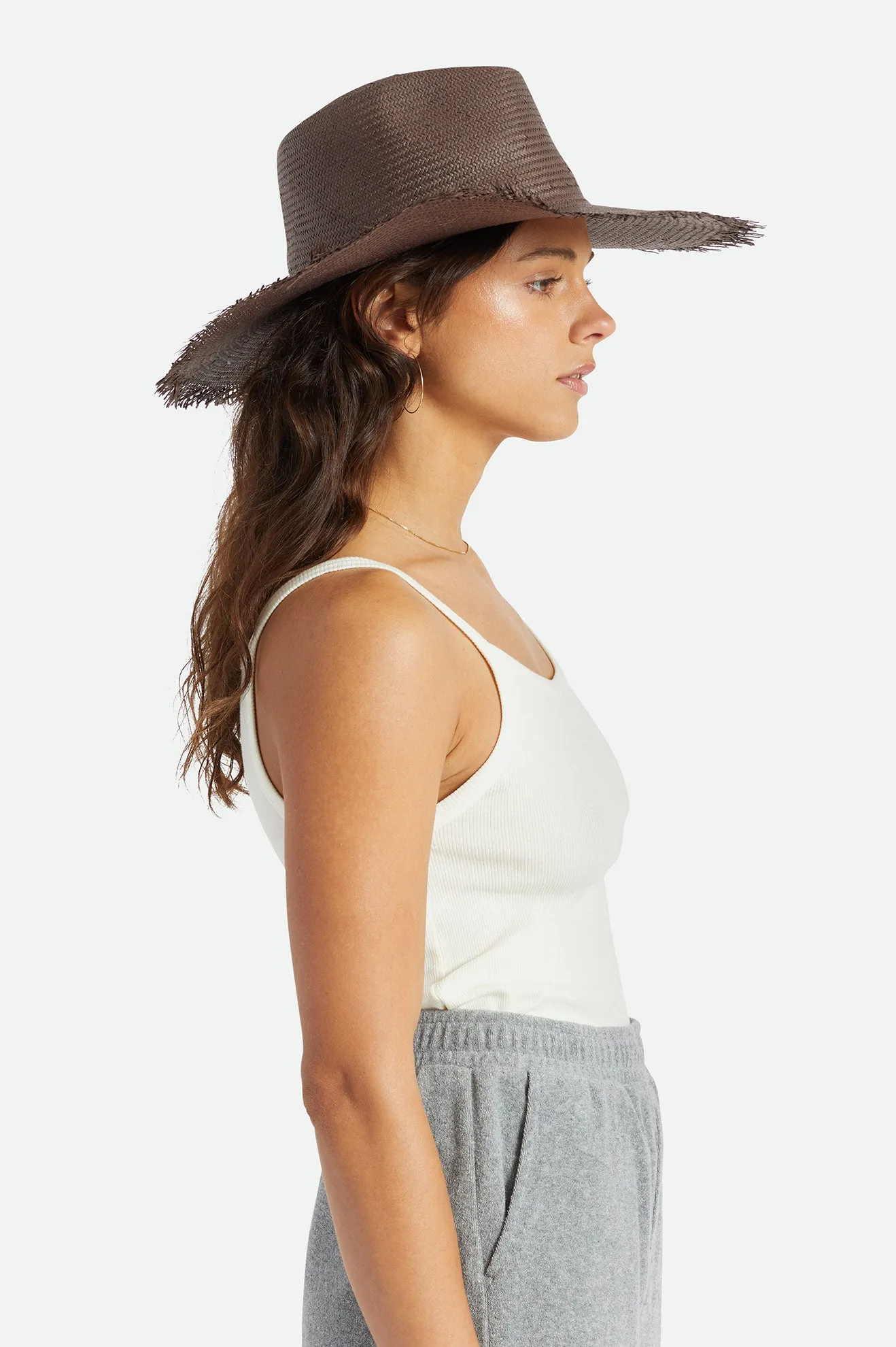 Jo Straw Frayed Fedora - Deep Brown