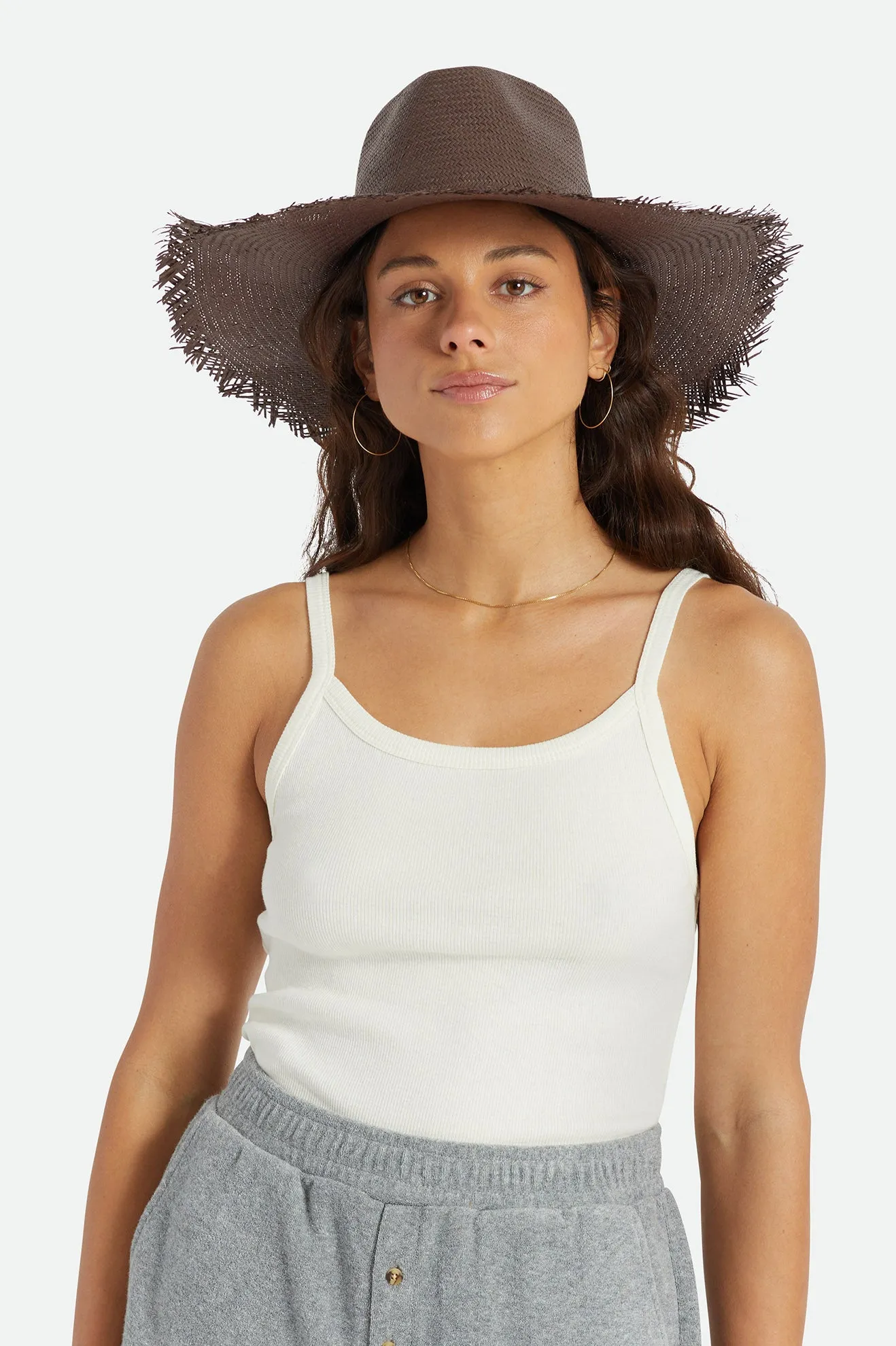 Jo Straw Frayed Fedora - Deep Brown