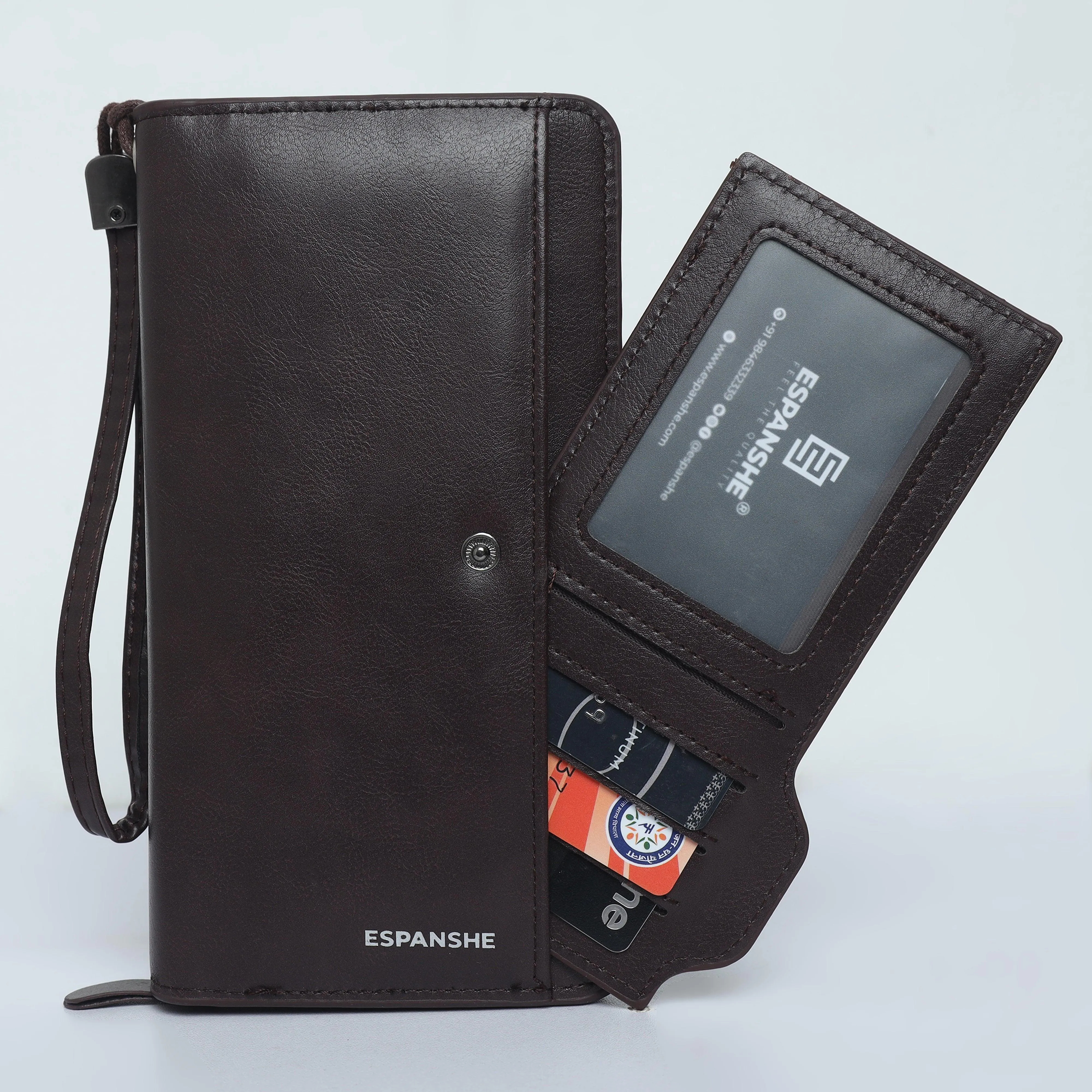 Leather Hand Wallet with Pull Out Card Compartment- Brown