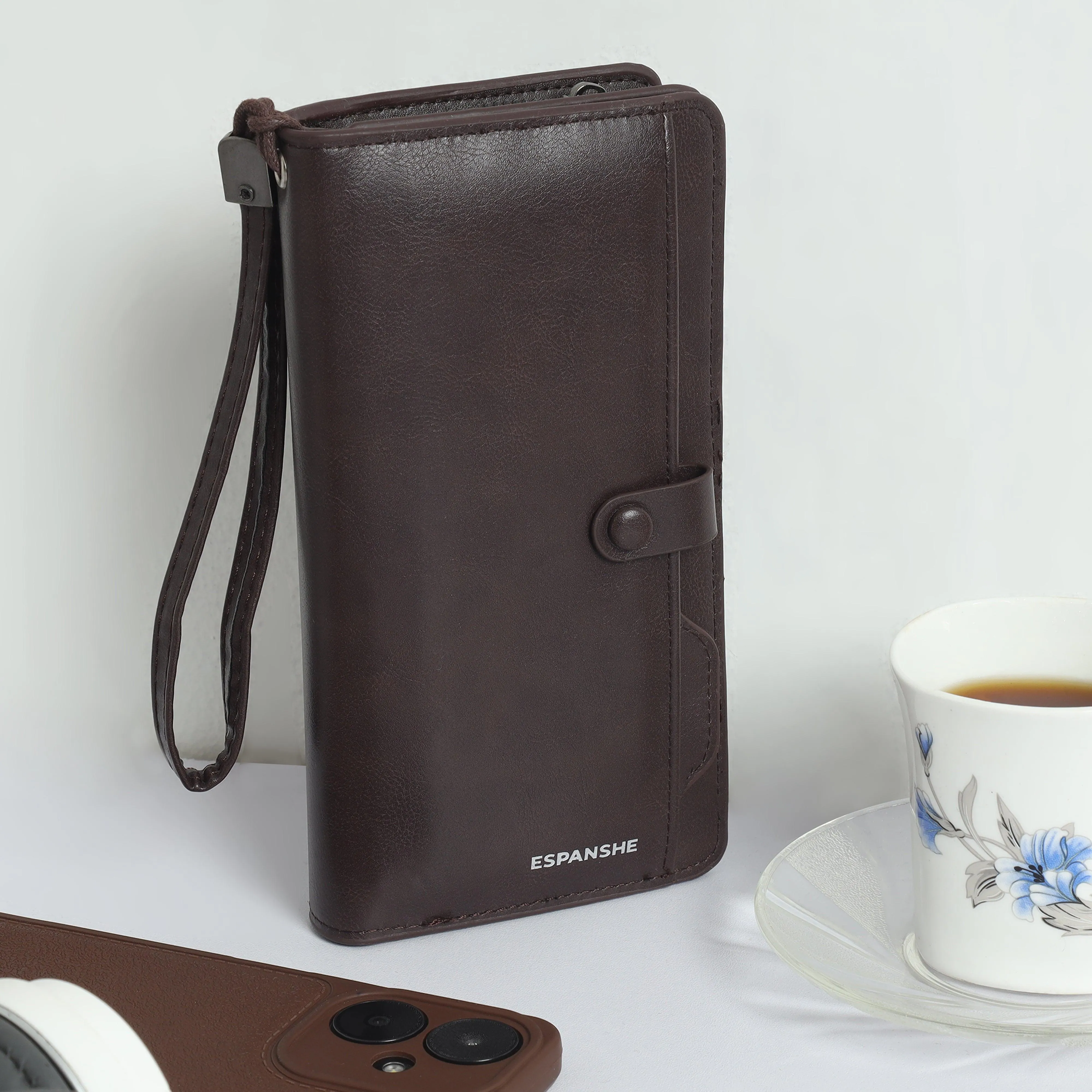 Leather Hand Wallet with Pull Out Card Compartment- Brown