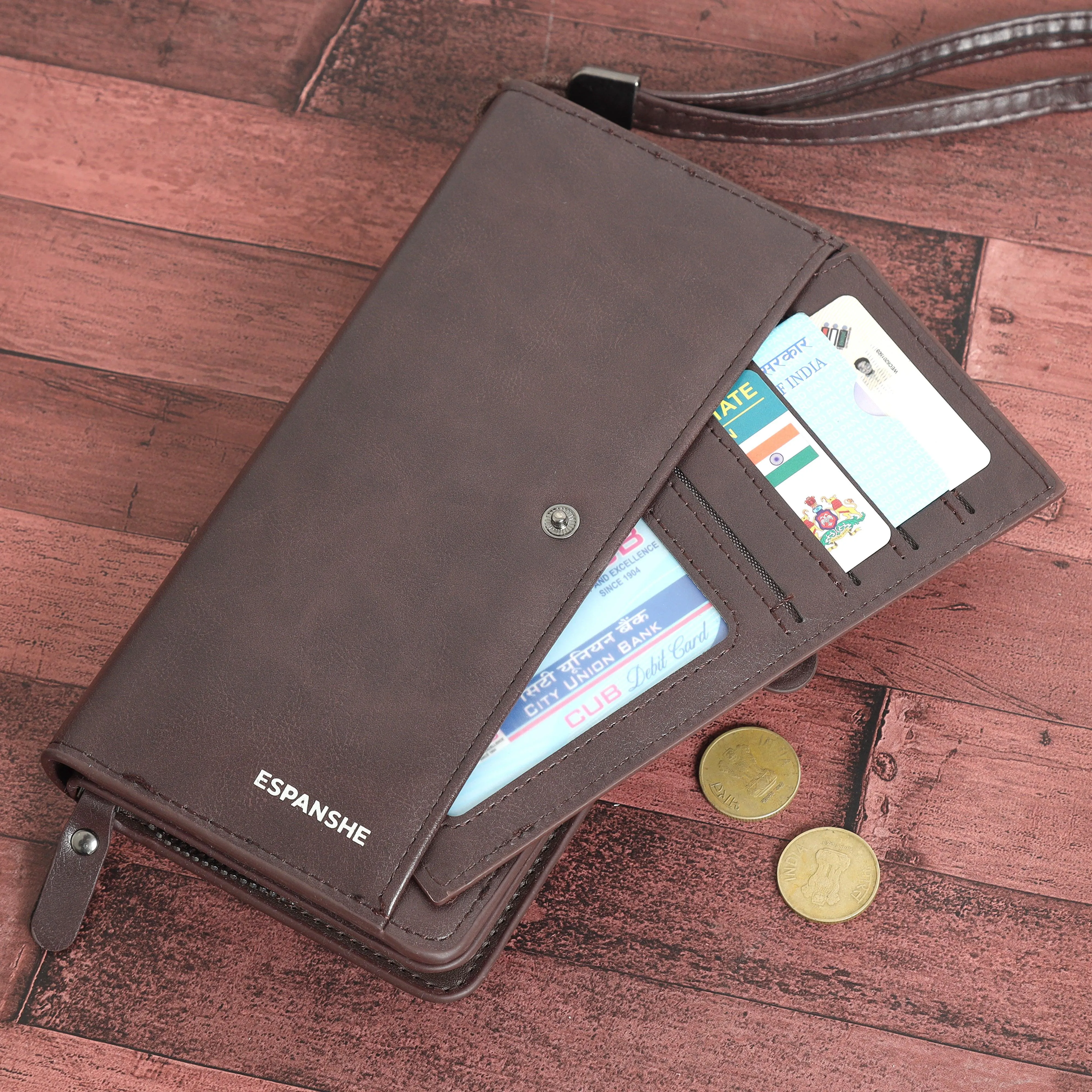 Leather Hand Wallet with Pull Out Card Compartment- Brown