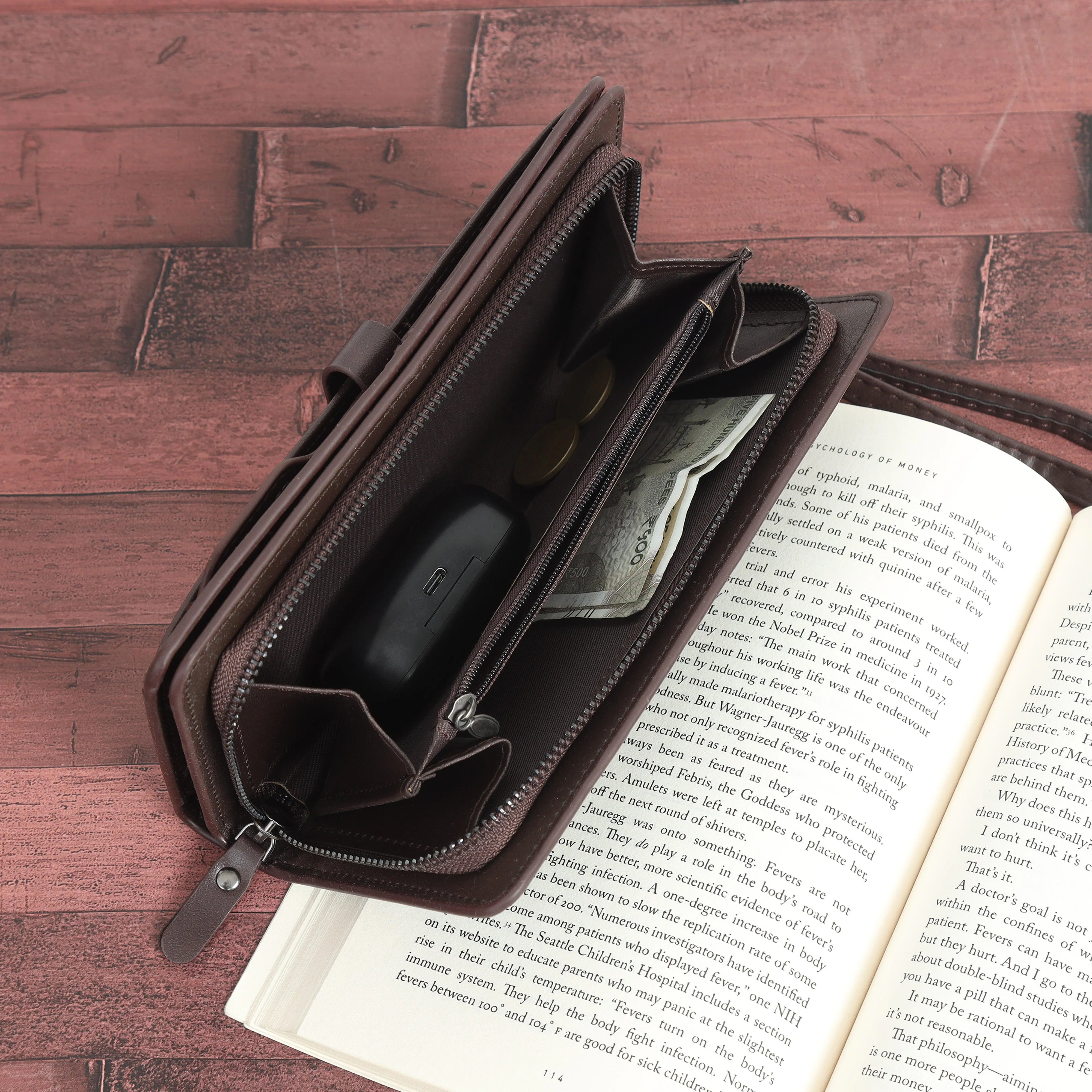 Leather Hand Wallet with Pull Out Card Compartment- Brown