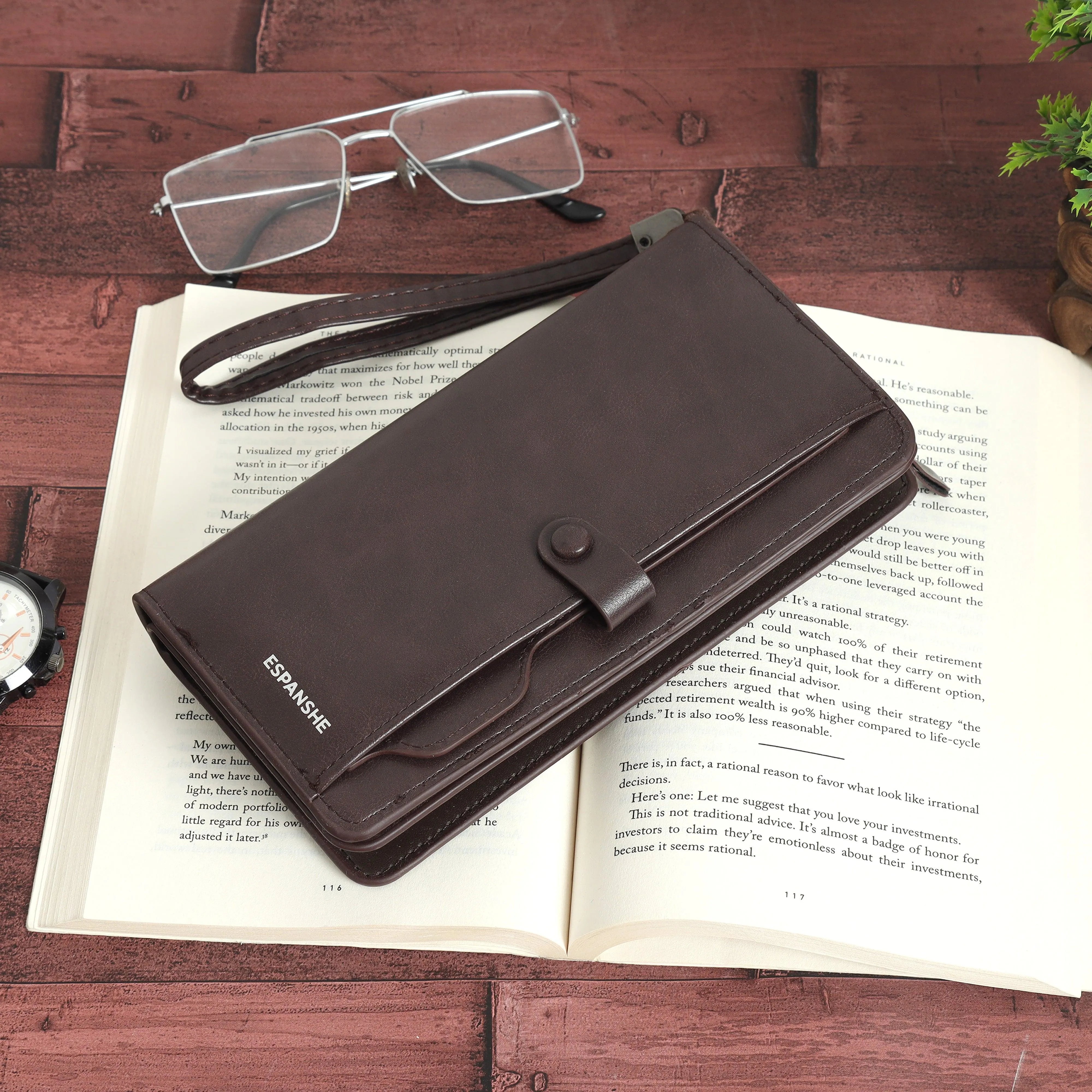 Leather Hand Wallet with Pull Out Card Compartment- Brown