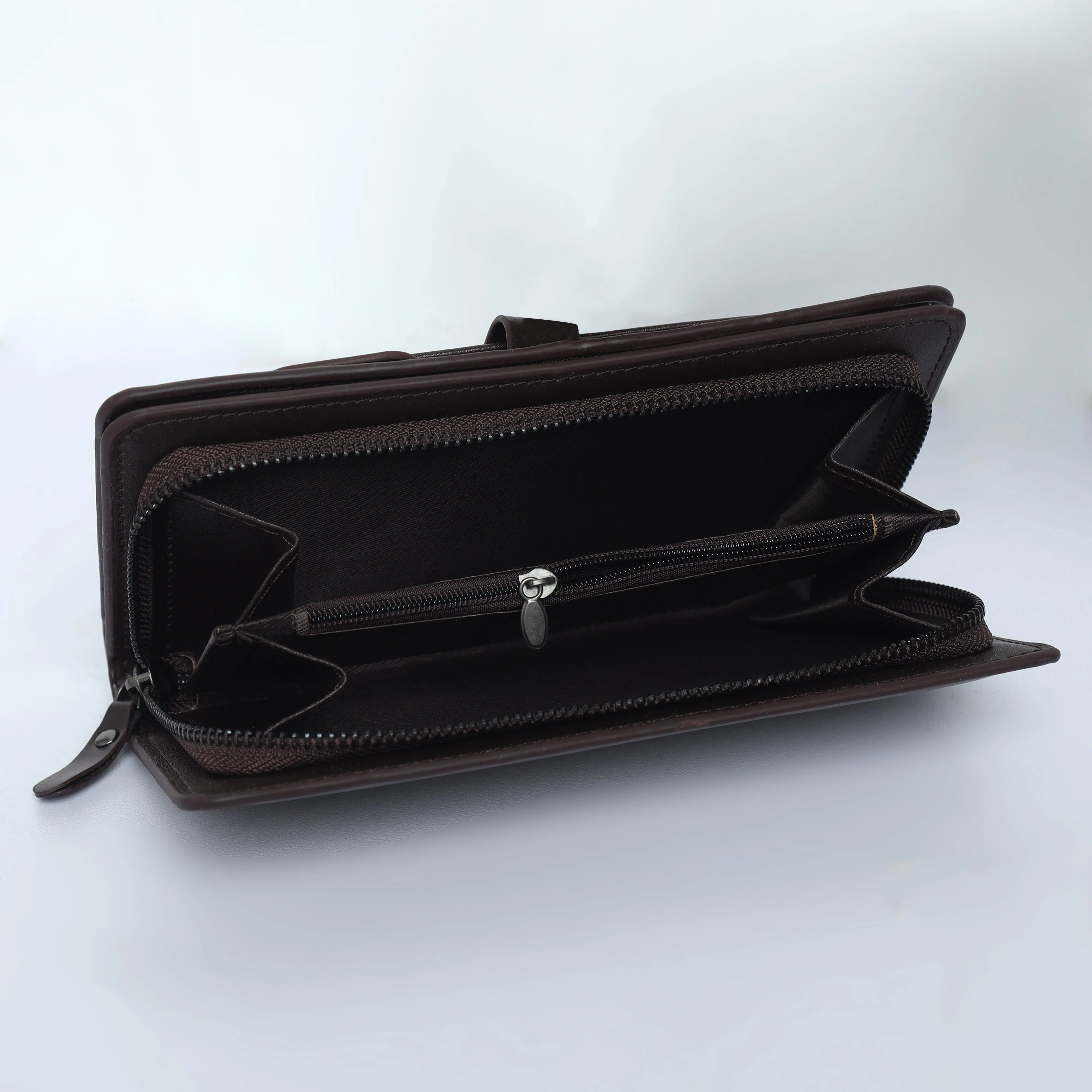 Leather Hand Wallet with Pull Out Card Compartment- Brown