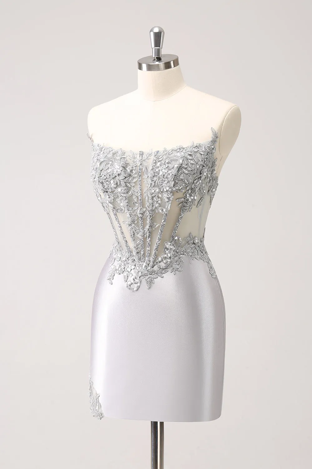 Luolandi Glitter Silver Corset Strapless Homecoming Dress Off Shoulder Short Party Dress