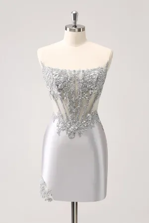 Luolandi Glitter Silver Corset Strapless Homecoming Dress Off Shoulder Short Party Dress