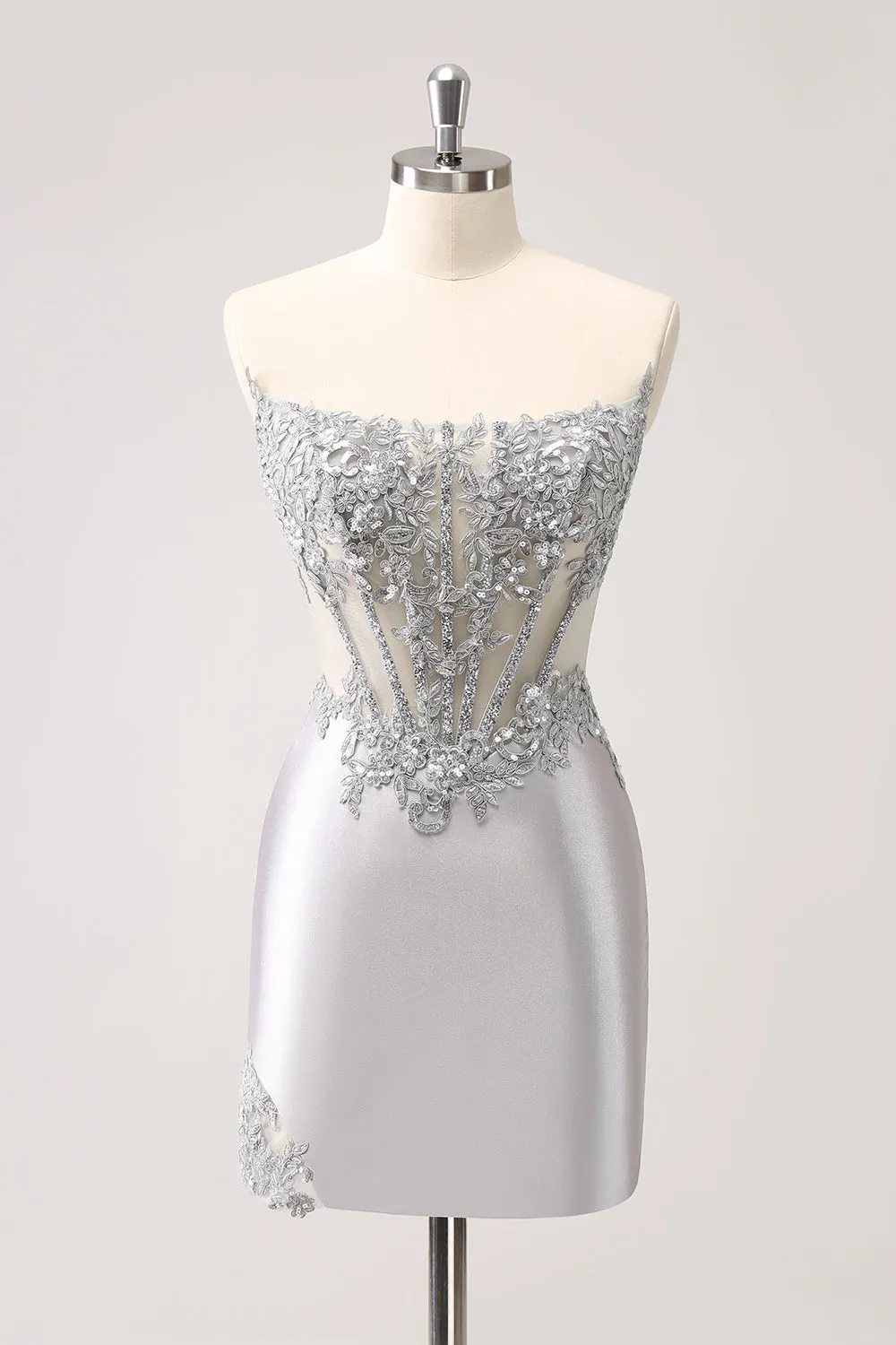 Luolandi Glitter Silver Corset Strapless Homecoming Dress Off Shoulder Short Party Dress