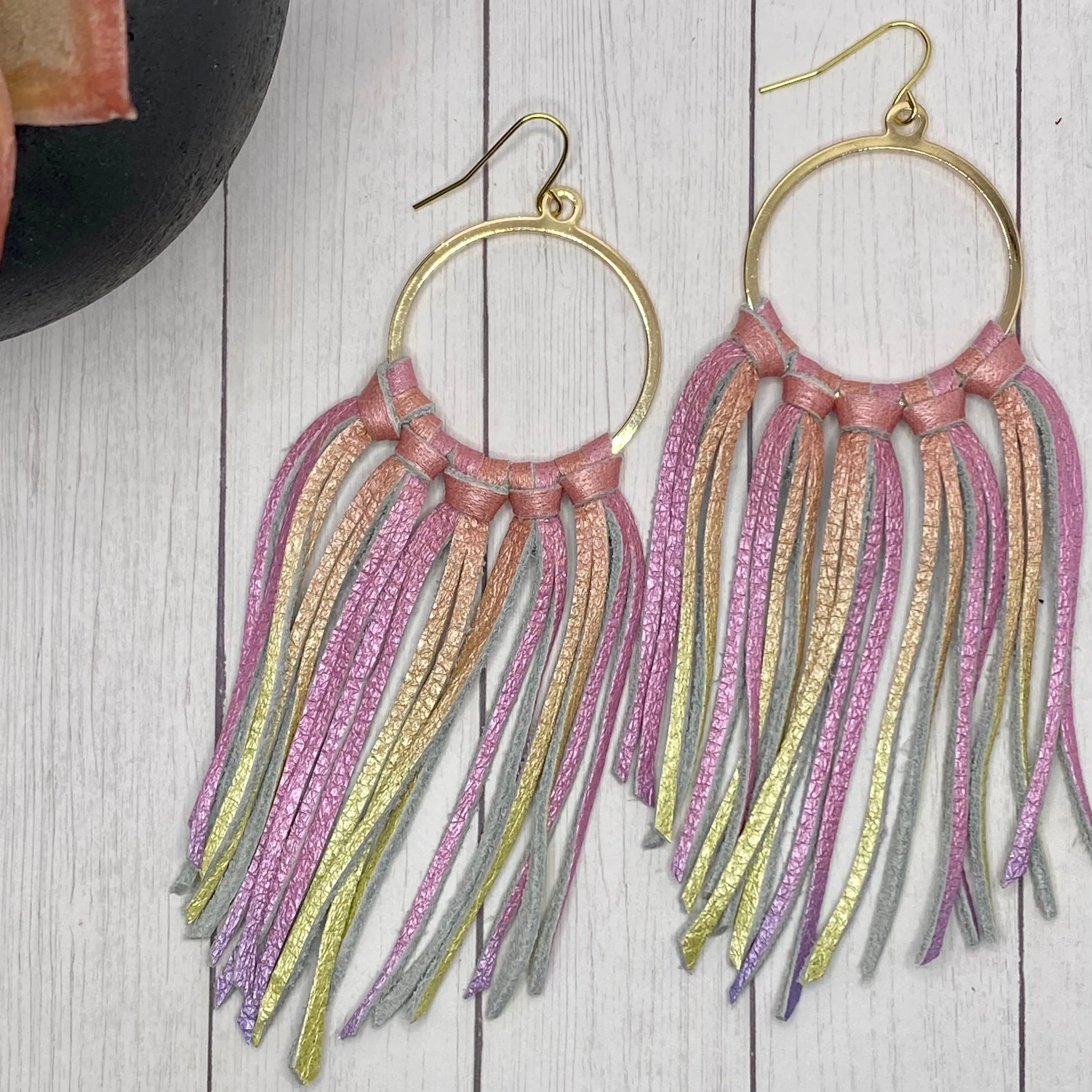 Pink Ombr Leather Fringe Hoop Earrings