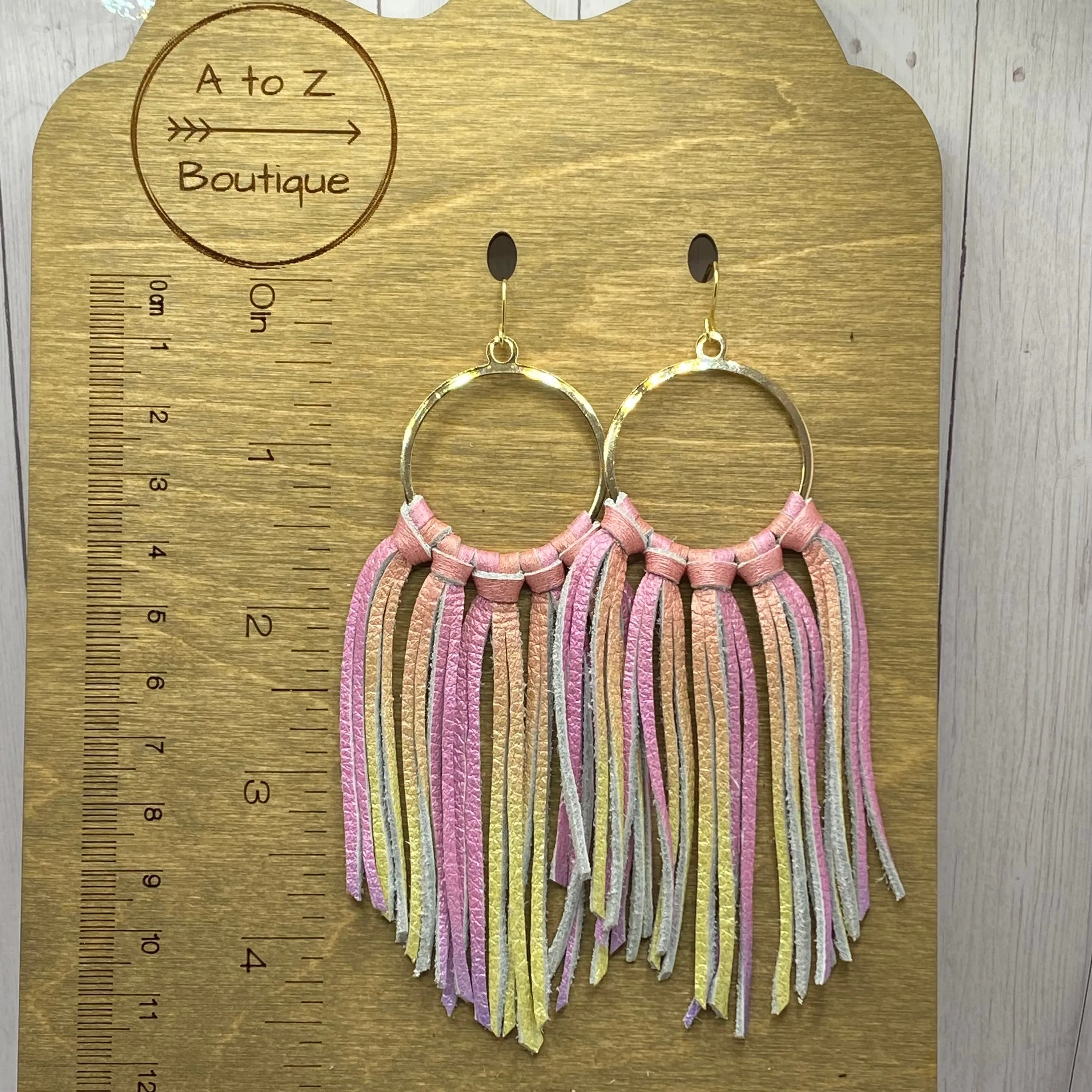 Pink Ombr Leather Fringe Hoop Earrings
