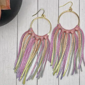 Pink Ombr Leather Fringe Hoop Earrings