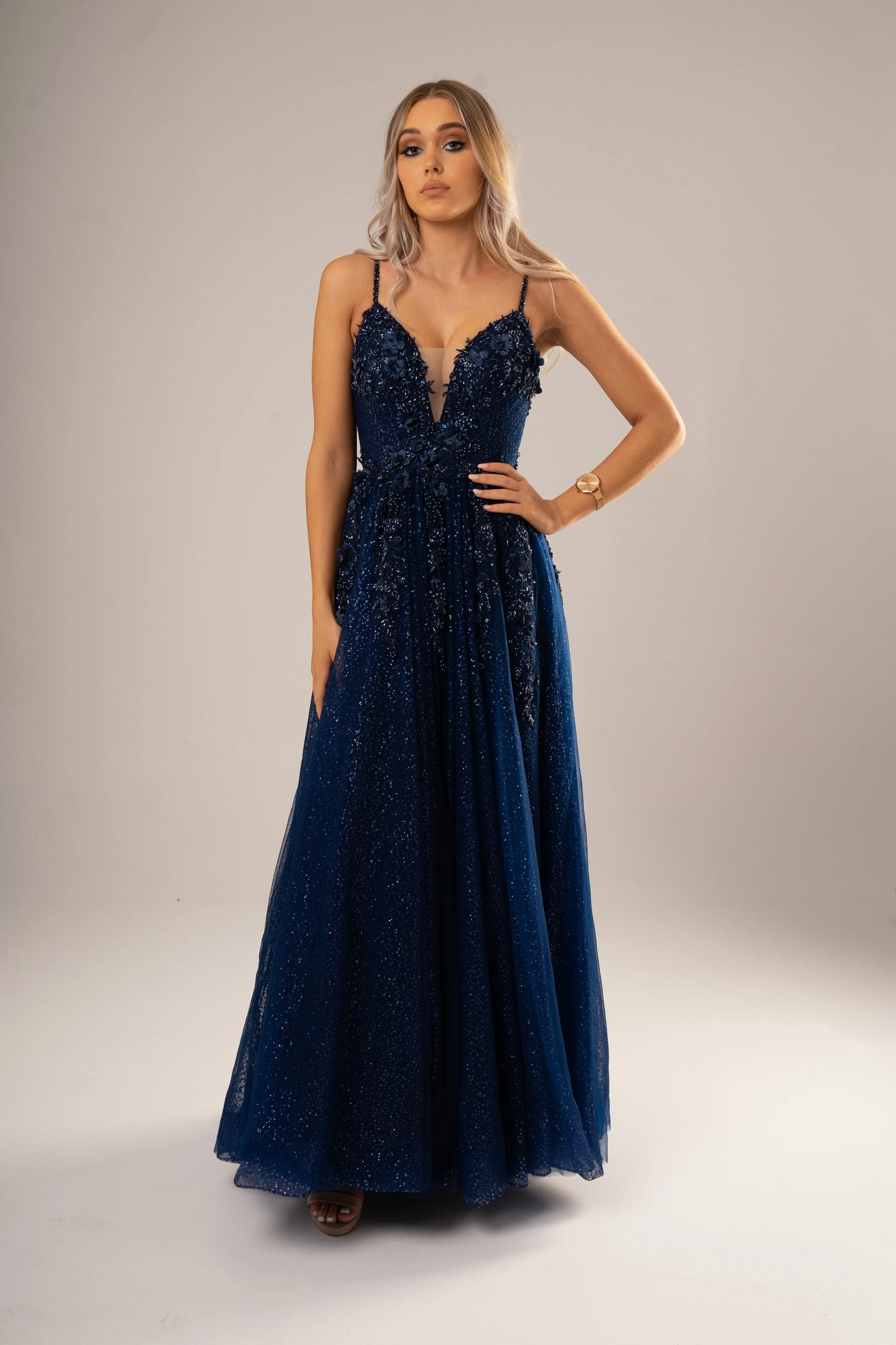 Sparkling navy blue 3D flower princess dress for hire
