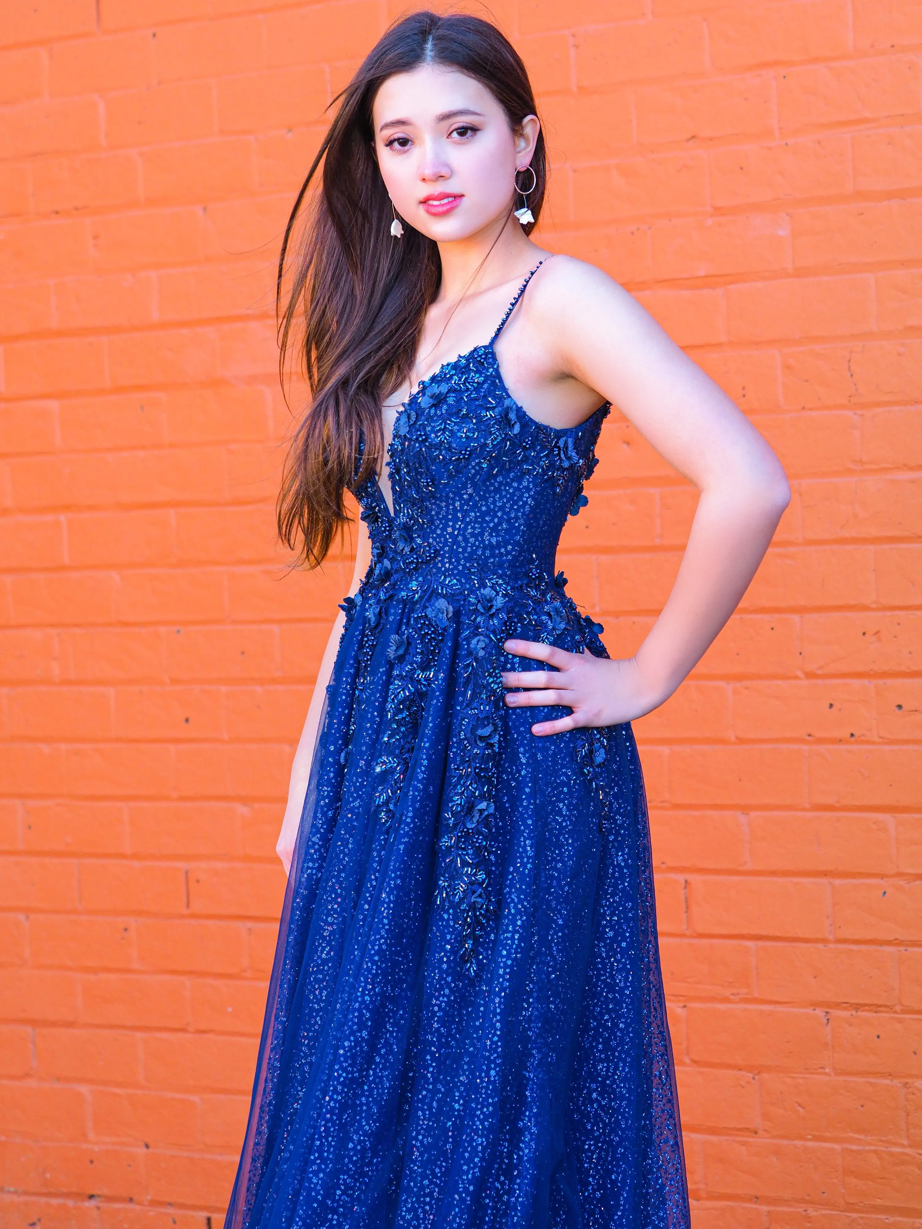 Sparkling navy blue 3D flower princess dress for hire