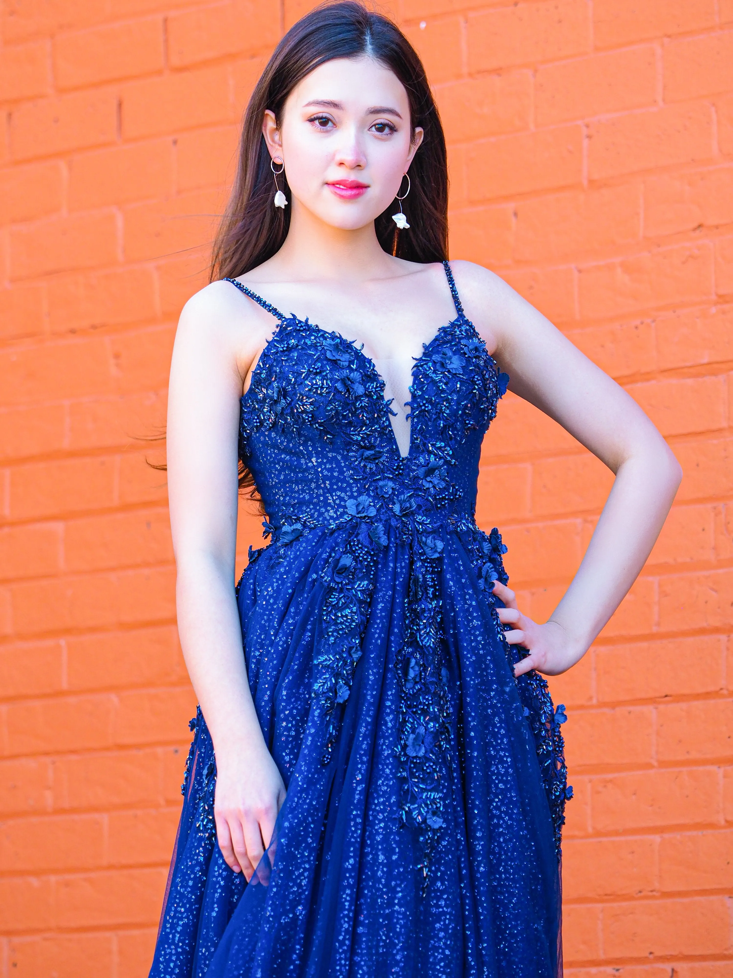 Sparkling navy blue 3D flower princess dress for hire